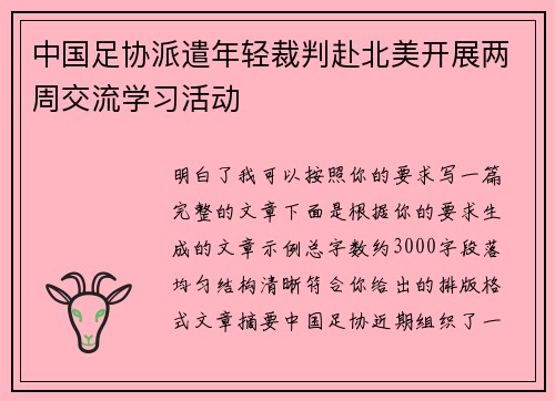 中国足协派遣年轻裁判赴北美开展两周交流学习活动